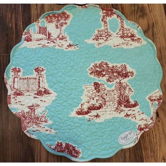 New Split P Round Quilted Reversible Placemats Aqua Red Toile Medallion Set Of 4 - Picture 3 of 6